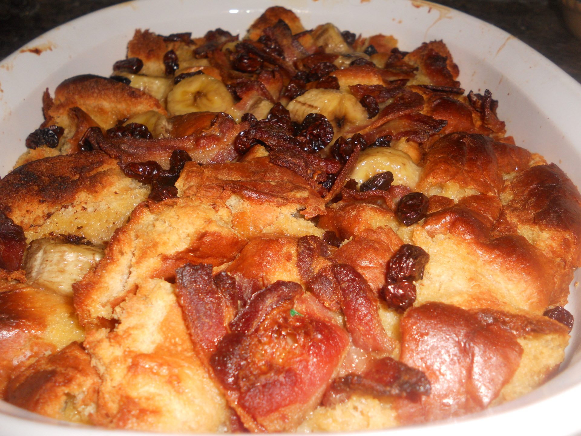 Maple & Bacon Bread Pudding With Bananas & Raisins Mink Smith